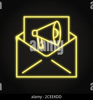 E-Mail-Marketing-Symbol im Neon-Line-Stil. Mail mit Megaphon-Symbol. Werbung und Werbung für Inhalte. Vektorgrafik. Stock Vektor