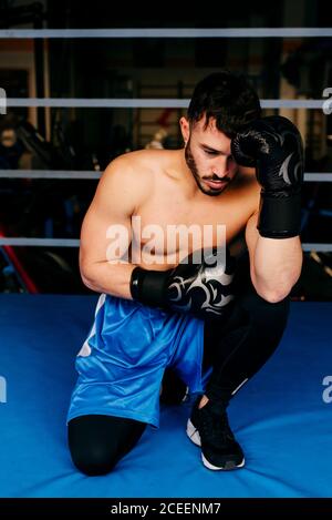 Konzentrierter muskulöser Mann sitzt knöllt und Vorbereitung auf den Kampf im Boxring. Stockfoto
