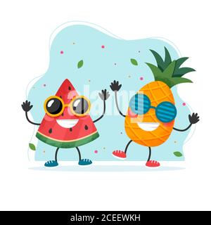 Niedliche Ananas und Wassermelone Zeichen. Farbenfrohes Sommerdesign. Illustration im flachen Stil Stockfoto