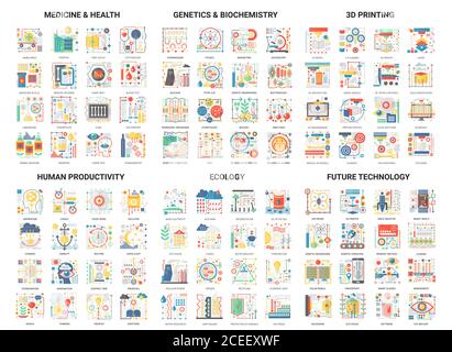 Komplexes Konzept flache abstrakte Vektor-Icons, modernes Design-Symbol setzen zukünftige Innovation Technologie in Medizin und Genetik Biochemie Symbol, 3d-Druck, menschliche Produktivität digitale Symbole Stock Vektor