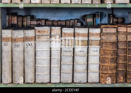 Alte antike Bücher auf einem Bücherregal Stockfoto