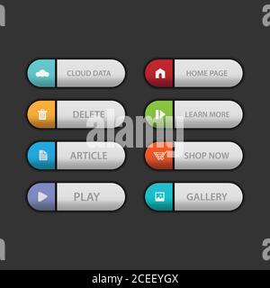Bunte Web-Design-Knopf-Kollektion mit flachem Design. Web-und ui-Anwendung Farbe Button-Symbol für moderne Website. Vektorsymbole auf dunklem Bac isoliert Stock Vektor