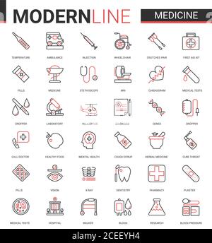 Medizin Gesundheitswesen dünne Linie Symbol Vektor Illustration Set. Rot schwarz dünne lineare Design-Kollektion, medizinische Gesundheitsversorgung Symbole für mobile Apps mit Krankenhaus Forschung Laborgeräte, Arzt Behandlung Stock Vektor