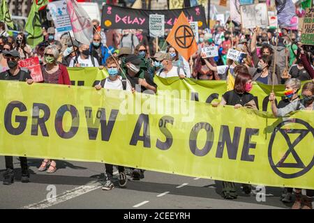 London, Großbritannien. September 2020. Extinction Rebellion Protestierende marschieren entlang Whitehall zu den Häusern des parlaments. Frustriert über das Versagen der Regierung, auf die Klima- und ökologische Notlage zu reagieren, protestiert XR weiterhin für den Wandel. Der Climate and Ecological Emergency Bill (CEE Bill) ist der einzige konkrete Plan, der zur Verfügung steht, um diese Krise zu bewältigen, und so fordert XR an ihrem ersten Tag im Parlament die Regierung, jetzt zu handeln und diese Gesetzgebung anzunehmen. Quelle: Neil Atkinson/Alamy Live News. Stockfoto