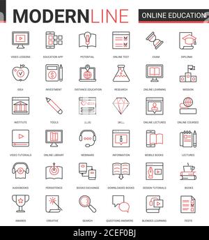 Online-Fernunterricht flach dünne rote schwarze Linie Symbole Vektor-Set mit linearen Bildungstechnologie Symbole für mobile Apps mit Prozess-Lernen in Tech-Online-Kurs, Schule oder Universität Stock Vektor
