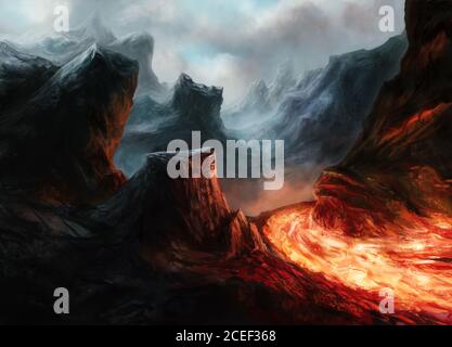 Illustration der Fantasielandschaft mit Lava und Bergen Stockfoto