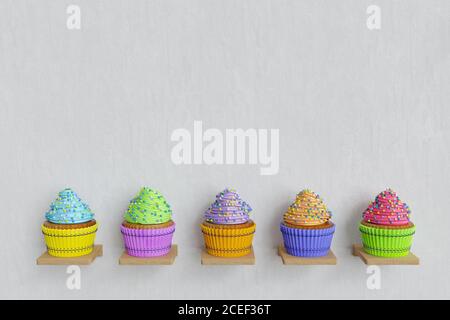 3D-Rendering von Farbe Cupcakes auf Regalen, jeder Cupcake hat eine andere Farbe Cupcake und Farbe Schlagsahne, weißer Hintergrund Stockfoto