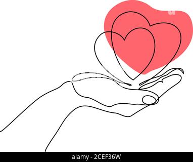 Hand hält Herz Zeichen. Kontinuierliche eine Linie Art Zeichnung Stil. Schwarze lineare Skizze isoliert auf weißem Hintergrund. Vektorgrafik Stock Vektor