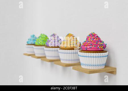 3D-Rendering von Farbe Cupcakes auf Regalen, jeder Cupcake hat weißen Cupcake und Farbe Schlagsahne, weißen Hintergrund Stockfoto