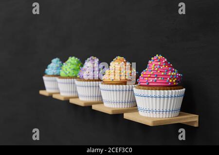 3D-Rendering von Farbe Cupcakes auf Regalen, jeder Cupcake hat weißen Cupcake und Farbe Schlagsahne, schwarzen Hintergrund Stockfoto