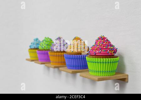 3D-Rendering von Farbe Cupcakes auf Regalen, jeder Cupcake hat eine andere Farbe von Cupcake und Schlagsahne, weißer Hintergrund Stockfoto
