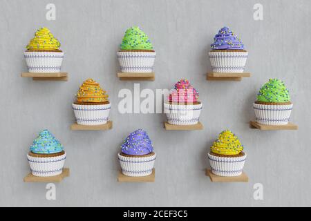 3D-Rendering von Farbe Cupcakes auf Regalen, jeder Cupcake hat weißen Cupcake und Farbe Schlagsahne, weißen Hintergrund Stockfoto