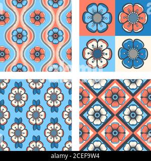 Set von geometrischen Muster mit abstrakten Blumen, nahtlose Vektor-Hintergrund. Für Mode Textil, Stoff, Hintergründe. Stock Vektor