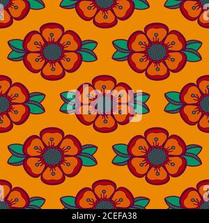 Geometrisches Muster mit abstrakten Blumen in grün und orange Farben, nahtlose Vektor-Hintergrund. Für Mode Textil, Stoff, Hintergründe. Stock Vektor