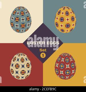 Set aus vier gemusterten bunten ostereiern mit geometrischen Mustern. Ostern Grußkarte Bannervorlage. Vektorgrafik. Stock Vektor