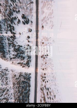 Drone Blick von oben auf abgelegene Straße, die gerade zwischen Verschneite Bäume und Felder Stockfoto