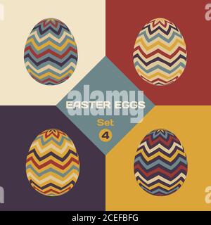 Set aus vier gemusterten bunten ostereiern mit geometrischen Mustern. Ostern Grußkarte Bannervorlage. Vektorgrafik. Stock Vektor