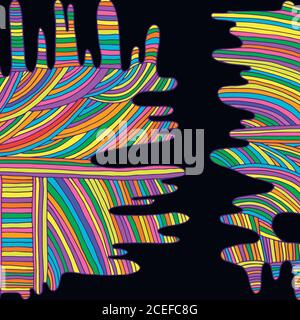 Psychedelisch, Regenbogenhintergrund von Linien, schwarzer Hintergrund. Stock Vektor