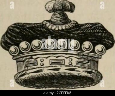 . Das Peerage des Britischen Reiches wie es gegenwärtig existiert : geordnet und gedruckt aus den persönlichen Mitteilungen des Adels. n andere Re-spects sind sie genau das gleiche. Seine Mütze ist auch die gleiche wie ein Herzöge. Sein Coronet ist ein mit Juwelen angereichertes Goldakirlet, aus dem sich acht kleine Erdbeerblätter in der Nähe des oberen Rands des Zirkellens erheben, die von ebenso vielen Goldkugeln überragt werden. – Siehe die Gravur oben. Der älteste Sohn, wenn auch im Gesetz nur ein Esquire, nimmt courtesy seinen Vätern zweiten Titel, oder in dem ungewöhnlichen Fall, dass es keine zweite Titel, er ist Herr Stockfoto