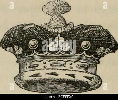. Das Peerage des Britischen Reiches wie derzeit vorhanden : arrangiert und gedruckt aus den persönlichen Mitteilungen des Adels. rd, und ist auf der linken Schulter mit weißem Band gebunden. Seine Kappe ist aus purpurem Samt, mit Widermine gefüttert, mit einer goldenen Quaste auf der Oberseite. Sein Kronkoronett, das die Kappe verehrt, ist ein Goldring, das mit Juwelen angereichert ist, und mit acht goldenen Erdbeerblättern, die vom Abendbrot-Rand aufsteigen, besetzt ist. Der älteste Sohn eines Herzogs, obwohl im Gesetz nur ein Esquire, nimmt durch Höflichkeit seinen Vätern zweiten Titel, und ist legallystyled so - Henry Granville Fitzalan Howard, Esq., allgemein calle Stockfoto