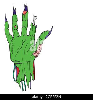 Comic-Stil, abgerissen, Cartoon Zombie Hand, Palmgrün, mit Lon Stock Vektor