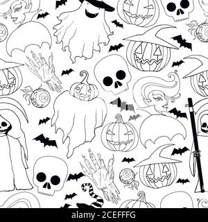 Schwarz und weiß nahtlose Halloween-Muster.Vampir Mädchen, Geist, p Stock Vektor