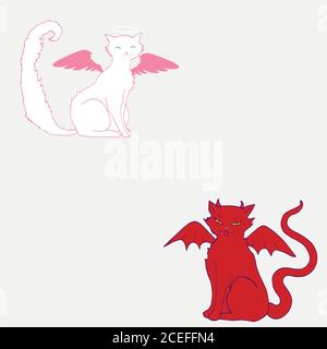 Katzenengel, weiße Farbe, rosa Flügel und ein Heiligenschein über dem Kopf, und Stock Vektor