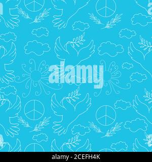 Vogel des Friedens, Schnuller, Sonne, Himmel, Wolke, weißer Umriss auf Blu Stock Vektor