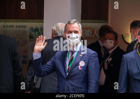 Taipeh, Taiwan. September 2020. Der Prager Bürgermeister Zdenek Hrib winkt der Presse vor einer Pressekonferenz mit dem Senatspräsidenten der Tschechischen Republik, Milos Vystrcil, im legislativen Yuan (taiwanesisches parlament) in Taipei zu. Kredit: SOPA Images Limited/Alamy Live Nachrichten Stockfoto