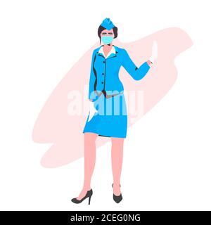 Stewardess in Uniform trägt Gesichtsmaske, um Coronavirus Pandemie zu verhindern Covid-19 Quarantäne Konzept volle Länge Vektor-Illustration Stock Vektor