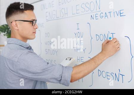 Online-Schule und Lehrer während der Quarantäne. Serious Mann in Brille schreibt Regeln des englischen auf Whiteboard Stockfoto