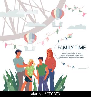 Familienzeit Poster oder Flyer Vorlage für Familienurlaub, flache Vektor-Illustration. Stock Vektor