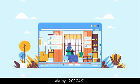 arabische Frau Blogger mit Smartphone Aufnahme Online-Video-Blog live Streaming Blogging Konzept arabisch Mädchen vlogger im Web-Browser-Fenster Wohnzimmer innen horizontal volle Länge Vektor-Illustration Stock Vektor