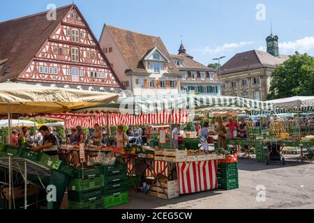 Esslingen, BW - 22. Juli 2020: Auf dem Wochenmarkt auf dem Esslinger Stadtplatz am Neckar kaufen die Menschen gerne Lebensmittel ein Stockfoto