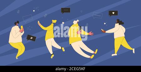 Weibliche Personen, die ihr Telefon zum Versenden einer Nachricht verwenden. Junge Leute, die mit ihrem Smartphone kichern. Frau, die eine Nachricht auf der Internet-Sammlung isol liest Stock Vektor