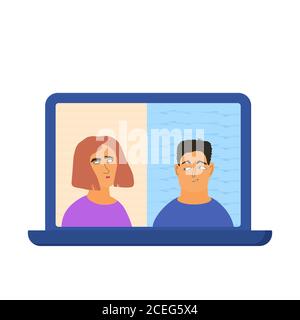 Videokonferenz. Fernkommunikation mit der Familie. Zwei Mitarbeiter, die an einem Online-Meeting für einen Job teilnehmen. Streamen Sie Freunde. Chatten von zu Hause aus. Vektorfla Stock Vektor