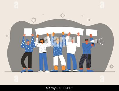 Protestierende Menschen halten Plakate, Megaphon. Menschen stehen zusammen und halten leer. Gruppe von Männern und Frauen mit Spruchbändern, die an der Parade teilnehmen, Stock Vektor