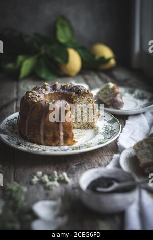 Köstlich süßen Pie Dish in der Nähe der Scheibe von Gebäck auf Unterteller, Tasse Mohnsamen und Zitrone Zweig Stockfoto