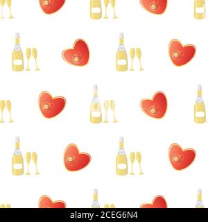 Champagner und rote Herzen nahtlose Vektor-Muster Hintergrund. Goldflaschen, Gläser, kohlensäurehaltiges Getränk auf weißem Hintergrund. Eleganter Sekt wiederholen. Alle Stock Vektor