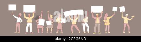 Protest. Menschenmenge mit Plakaten. Personen, die zusammen mit Rohlingen stehen. Gruppe von Männern und Frauen mit Spruchbändern, die an der Parade teilnehmen, Streikposten. S Stock Vektor