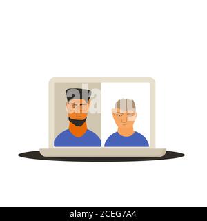 Videokonferenz. Familiengespräche im Ferngespräch. Zwei Mann, der an der Bildungskonferenz teilnimmt. Online-Anruf oder Meeting für einen Remote-Job. Streamen Sie Freunde. Chatten Stock Vektor