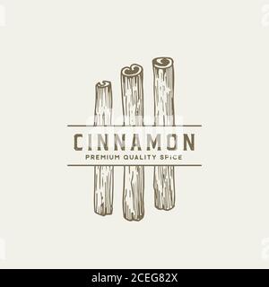 Cinnamon Premium Qualität Gewürz abstrakte Vektor-Zeichen, Symbol oder Logo-Vorlage. Handgezeichnete Zimt-Sticks mit Vintage-Typografie. Stock Vektor