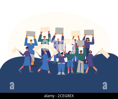 Protest. Menschenmenge mit Plakaten. Personen stehen zusammen mit leeren Bannern. Gruppe von Männern und Frauen mit Spruchbändern, die an der Parade teilnehmen, pi Stock Vektor