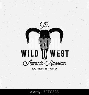 Wild West American Abstract Vektor-Zeichen, Symbol oder Logo-Vorlage. Stier oder Kuh Schädel mit Hörnern und Retro Typografie. Vintage Emblem mit Shabby Stock Vektor