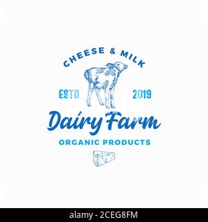 Käse und Milch Molkerei Farm. Abstraktes Vektorzeichen, Symbol oder Logo-Vorlage. Handgezeichnete Kuhkalb- und Käsesilhouetten mit Retro-Typografie. Vintage Stock Vektor