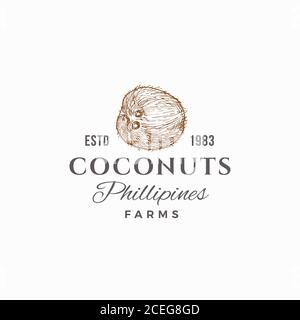 Kokosnüsse Bauernhöfe abstrakte Vektor-Zeichen, Symbol oder Logo-Vorlage. Handgezeichnete Skizze Kokos mit Retro Typografie. Klassisches Luxus-Emblem. Stock Vektor