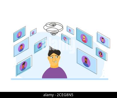 Social Media Web. Fernkommunikation mit der Familie. Gruppe von Mitarbeitern, die an Videokonferenzen teilnehmen. Online-Anruf. Interaktives Meeting. Junge Frau str Stock Vektor