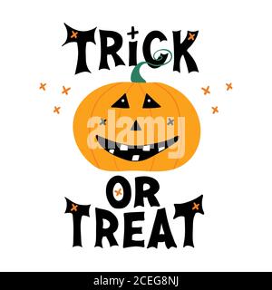 Niedliches Lächeln Kürbis Charakter mit Trick or Treat Schriftzug und Doodle Kreuz Elemente. Weihnachtskarte. Isoliert auf weißem Hintergrund. Vektor Stock Vektor