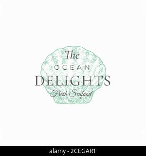 Ocean Delights Seafood Abstract Vektor-Zeichen, Symbol oder Logo-Vorlage. Elegante handgezeichnete Scallop Shell Sillhouette Sketch mit klassischer Retro Typografie Stock Vektor