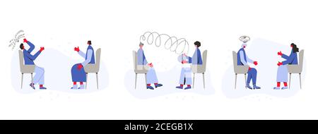 Psychotherapie Sammlung Szene. Beratung. Patient mit Psychologe oder Psychotherapeut sitzen und sprechen über Depressionen, familiäre Probleme. Tisch Stock Vektor